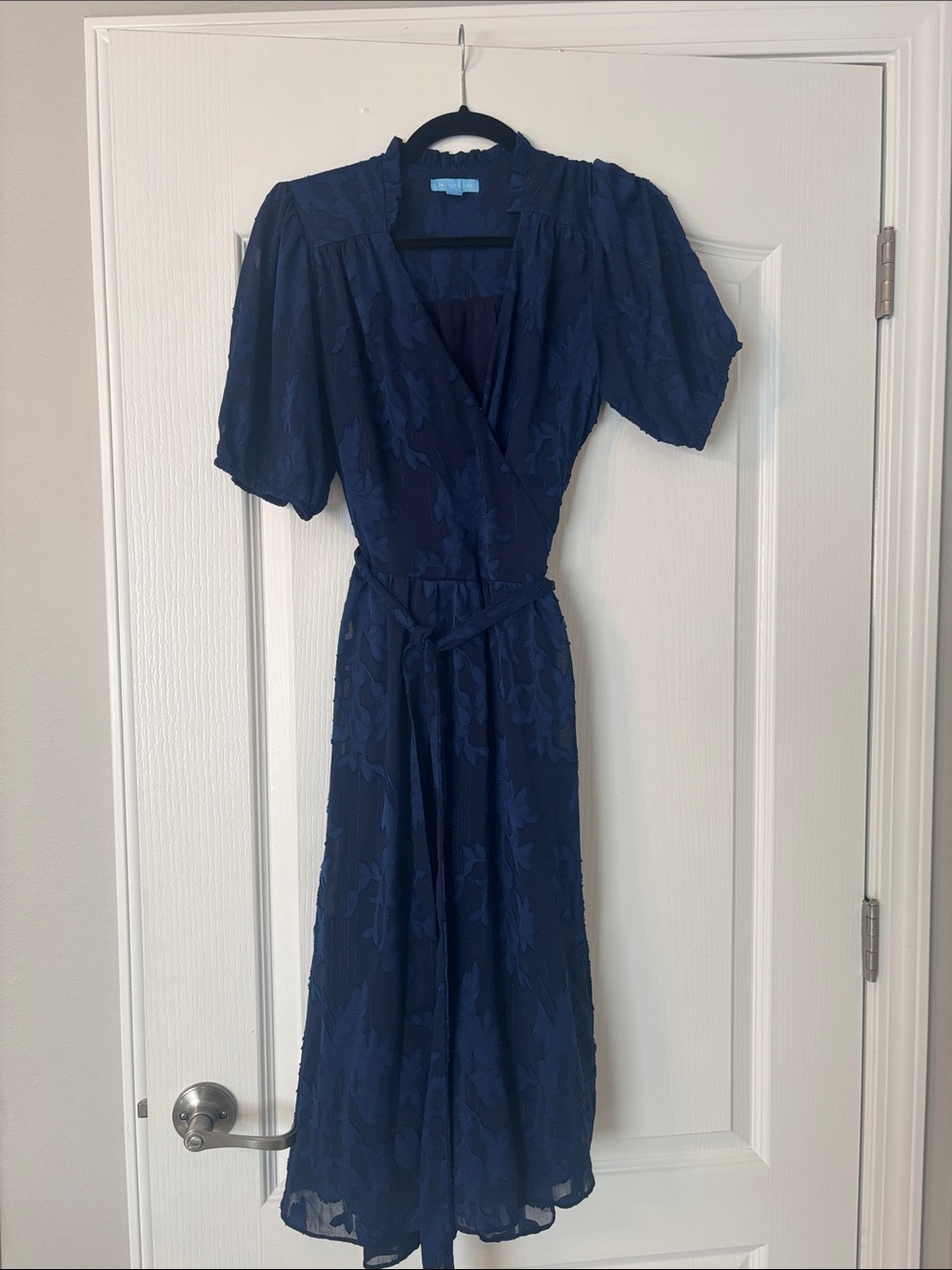 Draper James Navy Floral-Textured Wrap Midi Dress